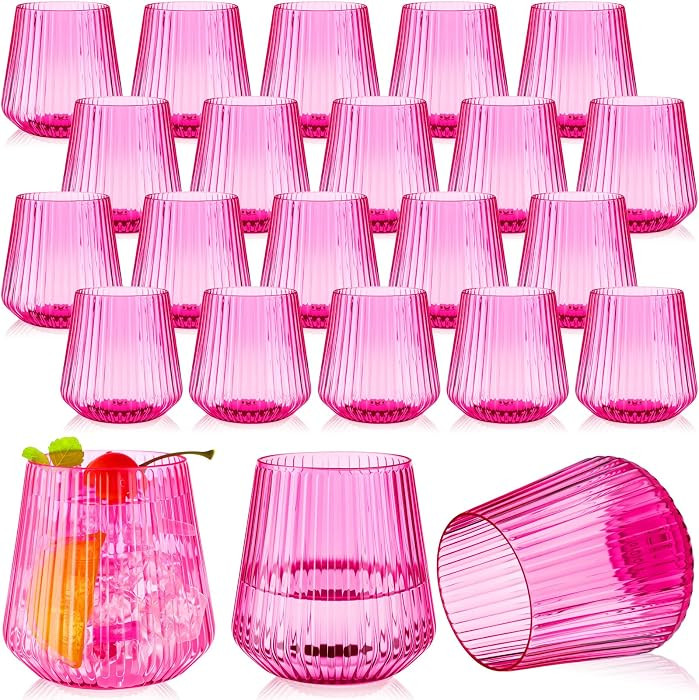 Suclain 50 Pcs Plastic Wine Glasses Ribbed Stemless Wine Glasses 14oz Vertical Design Unbreakable... | Amazon (US)