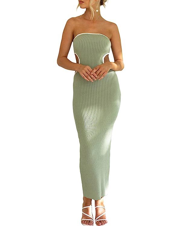 Women Strapless Knitted Maxi Dress Sexy Twisted Front Sleeveless Long Tube Dress Backless Bodycon... | Amazon (US)