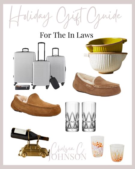 Gifts for the in laws
His and hers ugg slippers
Drinking glasses
Bakeware
Luggage set
Wine bottle holder 

#LTKhome #LTKHoliday #LTKSeasonal