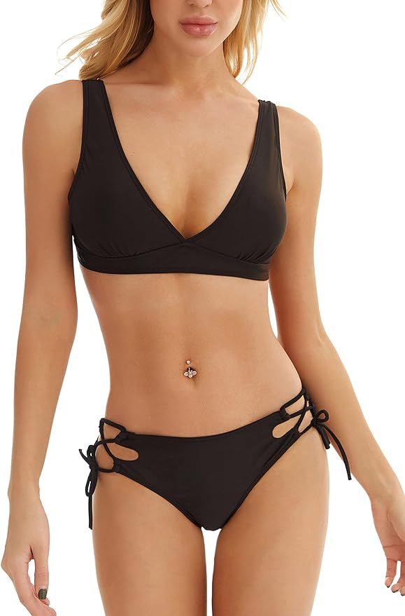 Lomitti Women's Side Tie Bikini Set Light Support Laced Top Sexy Two Piece Swimsuit | Amazon (US)