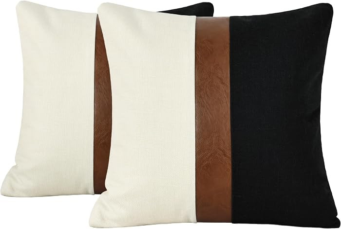 Set of 2 Faux Leather and Linen-Textured Throw Pillow Covers 18x18 Inch, Cream and Black Decorati... | Amazon (US)