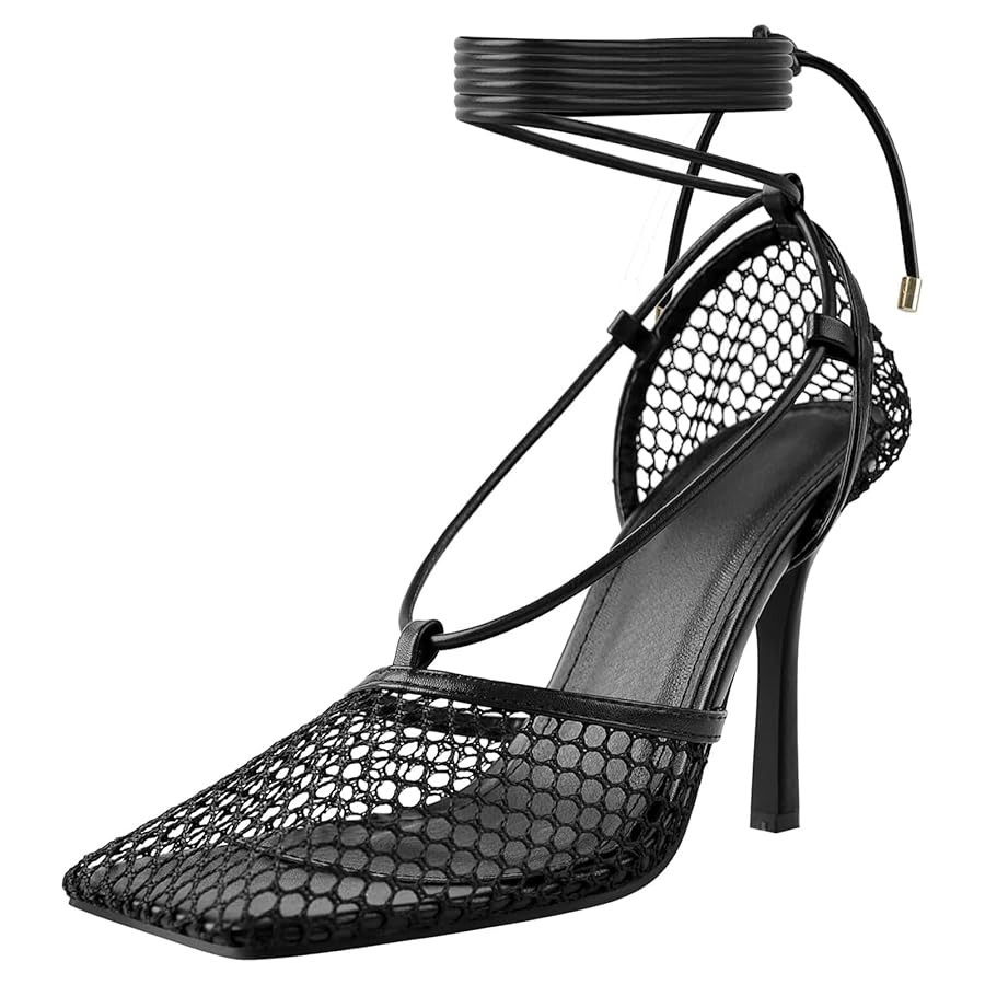 Olomisa Mesh Heels for Women - Wrap-up Heels with Square Toe & Strappy Fishnet Design | Amazon (US)