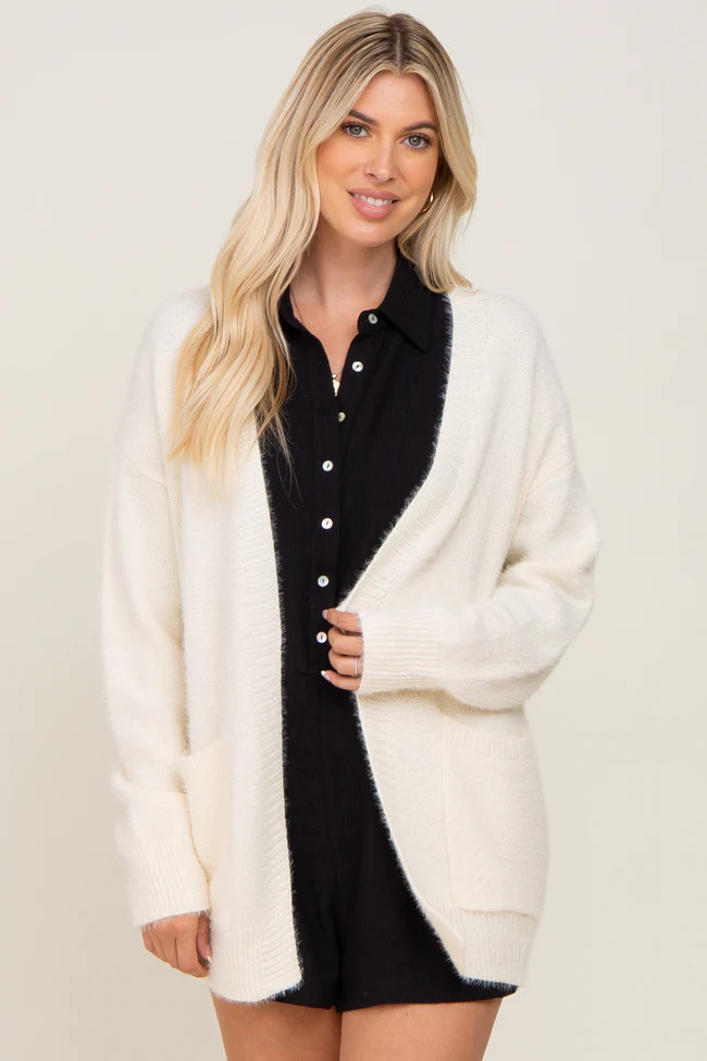 Ivory Fuzzy Front Pocket Cardigan | PinkBlush Maternity