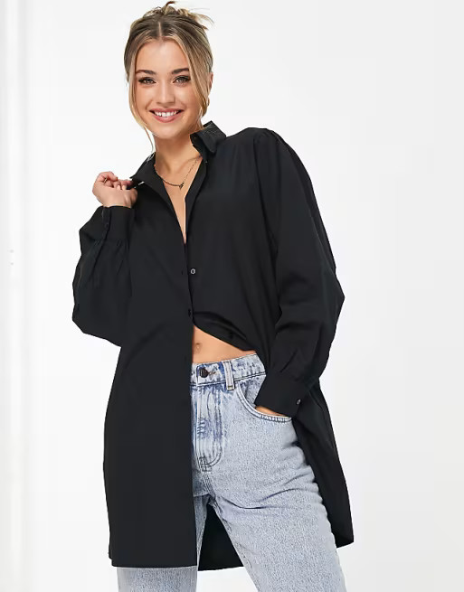 Stradivarius oversized cotton shirt in black | ASOS (Global)