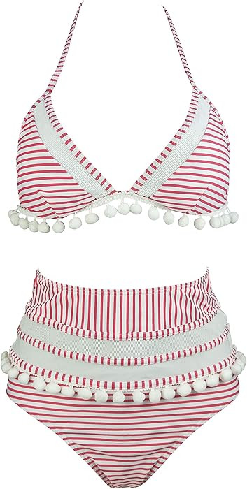 Women's Mesh Striped High Waist Bikini Set Tassel Trim Top Halter Straps Swimsuit(FBA) | Amazon (CA)