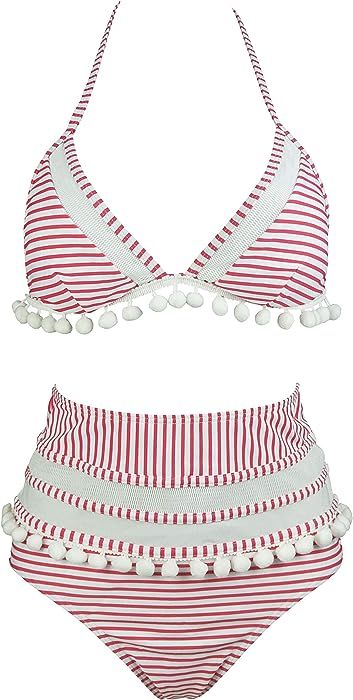 Women's Mesh Striped High Waist Bikini Set Tassel Trim Top Halter Straps Swimsuit(FBA) | Amazon (CA)