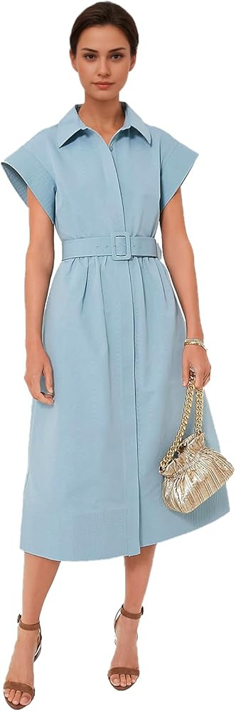 Women's Casual Button Shirt Dresses Short Sleeve Business Long Dresses Elegant Trench Coat with P... | Amazon (US)