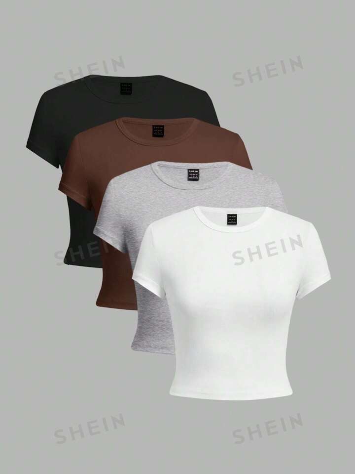 SHEIN EZwear Women's Casual Solid Color Crop Top, Short Sleeve T-Shirt, 4pcs/Set, Summer | SHEIN
