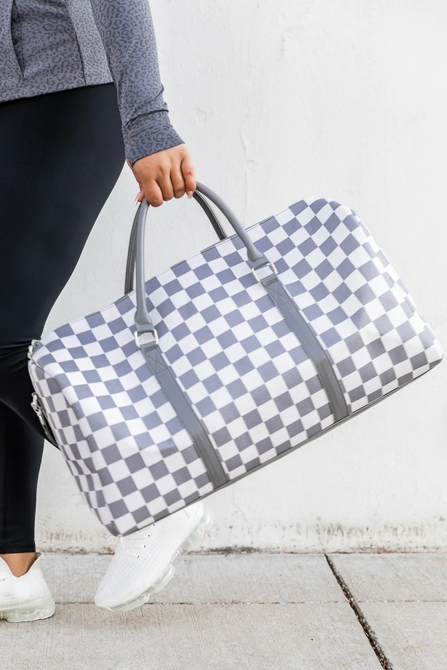 Boujee Weekend Away Grey And White Checkered Duffle Bag DOORBUSTER | Pink Lily