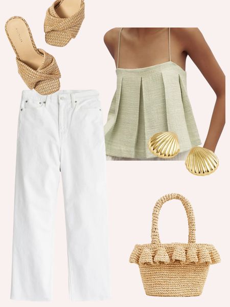 The prettiest outfit featuring this adorable Anthropologie top, and these slim white leg jeans by J.Crew, and beautiful raffia accessories and shell earrings

#LTKover40 #LTKfindsunder100 #LTKstyletip