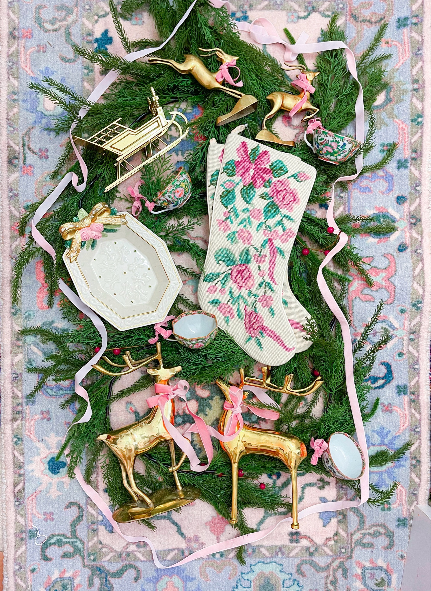 Pink vintage Christmas home decor items, needlepoint stocking, coquette bow and roses, Fitz and Floyd, brass deer

#LTKHome #LTKSeasonal #LTKHoliday