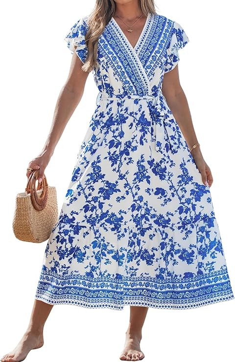 popvil Women Spring Floral Maxi Dress Wedding Guest 2026 Summer Flowy Long Dress Boho Casual Wrap... | Amazon (US)