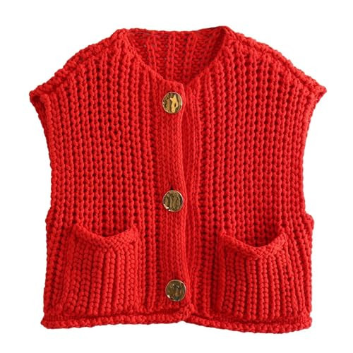 KEOMUD Women's Sleeveless Cropped Knit Cardigan Vest Casual Button Down Chunky Sweater Vest Tops with Pockets Red X-Small | Amazon (US)
