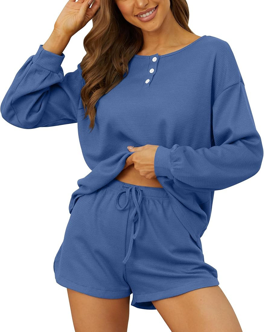 Womens Waffle Knit Pajama Sets Casual Long Sleeve 2 Piece Lounge Sets Comfy Outfits Tracksuits S-... | Amazon (US)