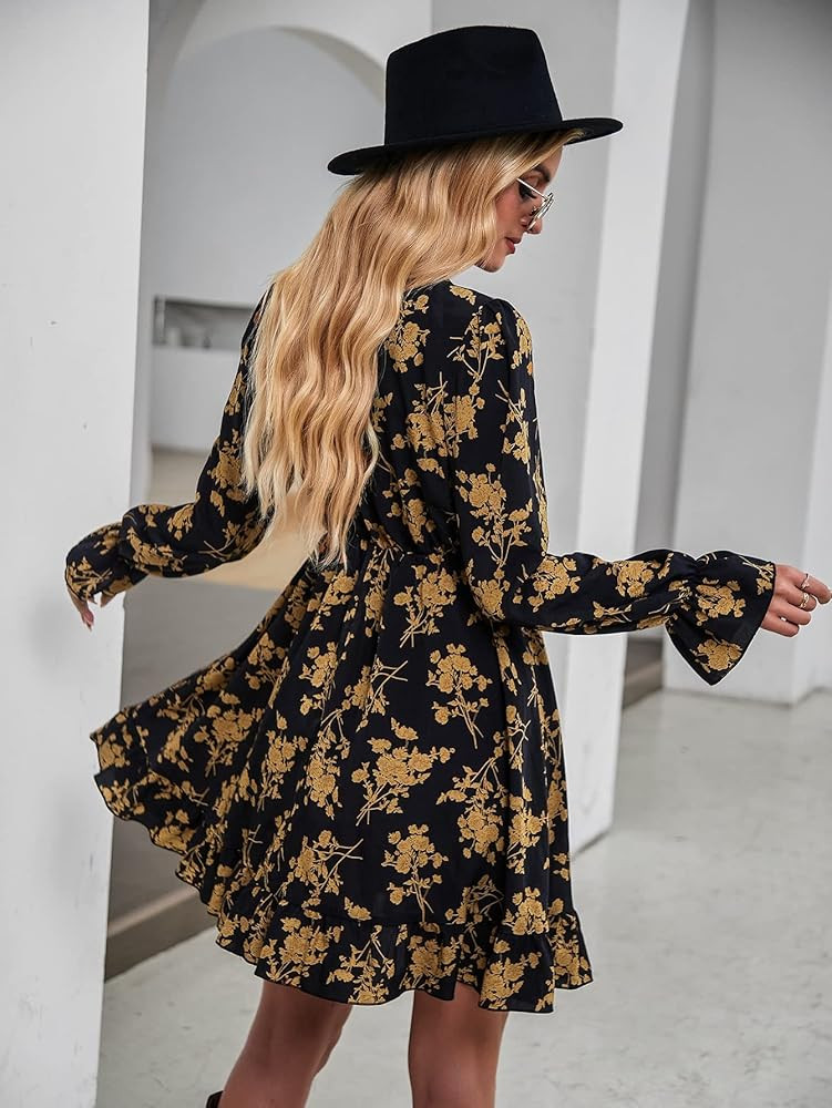 Floerns Women's Mock Neck Long Sleeve Floral Print Ruffle Short Dress | Amazon (US)