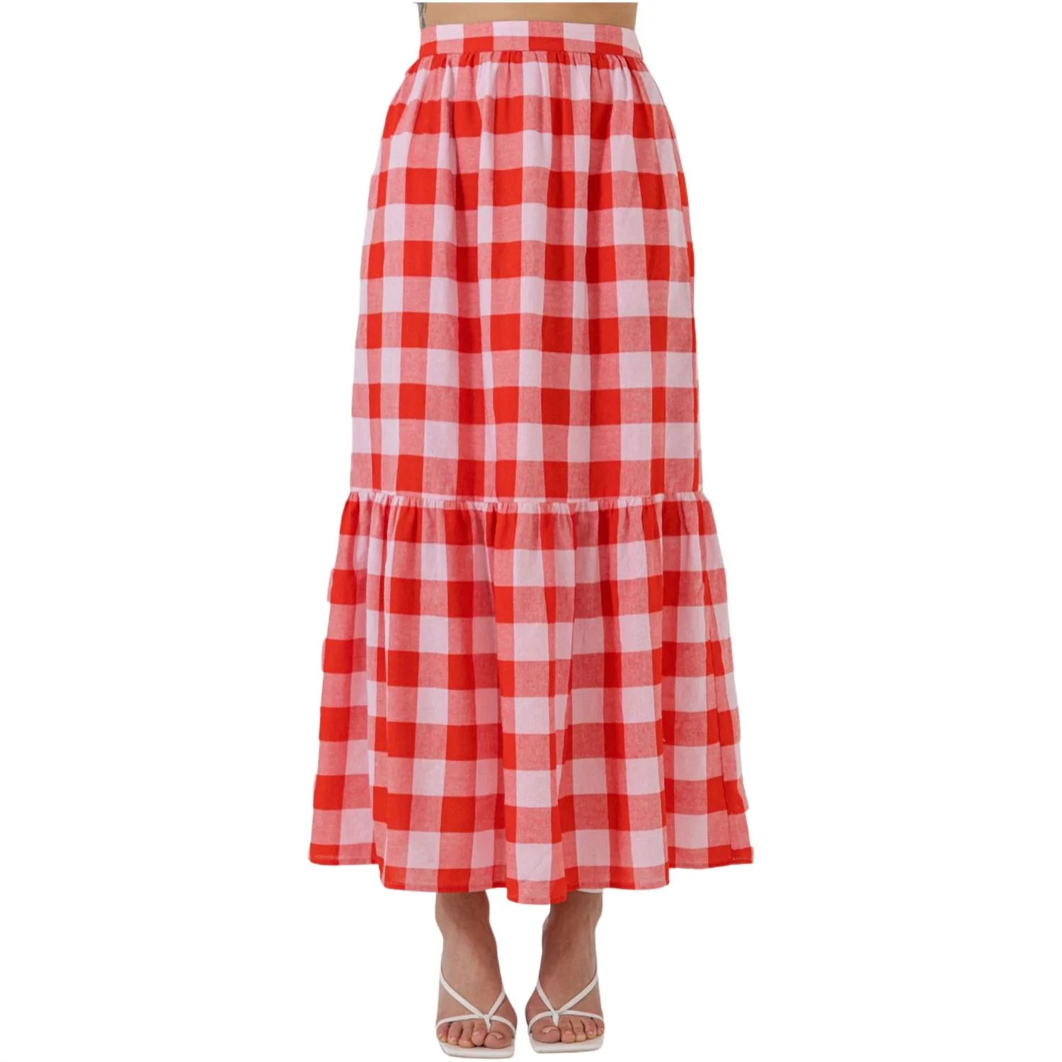 Gingham Midi Skirt In Pink/red | Shop Simon