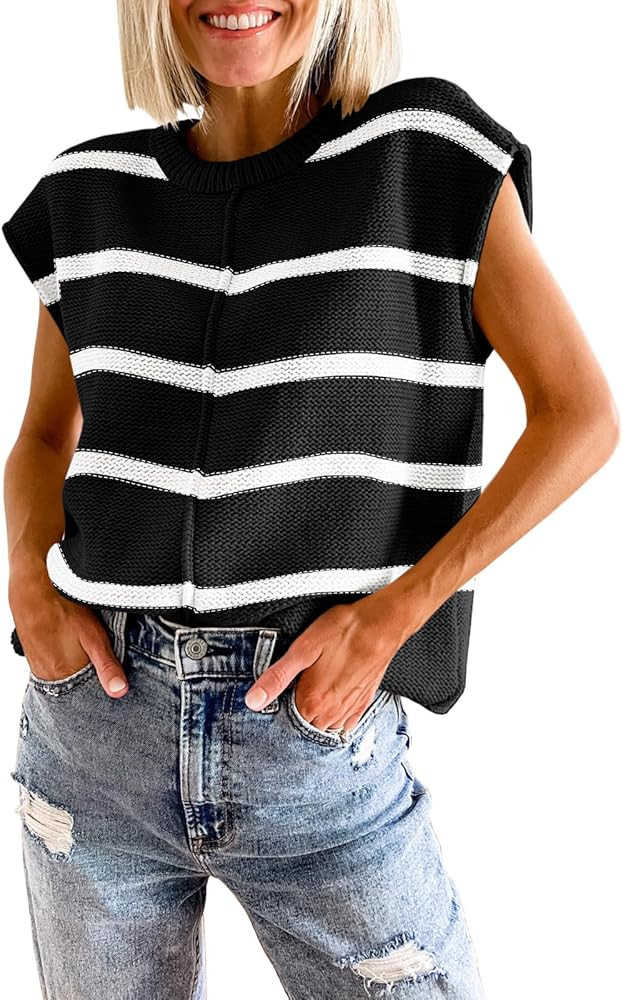 Saodimallsu Womens Cap Sleeve Tank Tops Striped Crew Neck Casual Loose Fit Spring Summer Pullover... | Amazon (US)