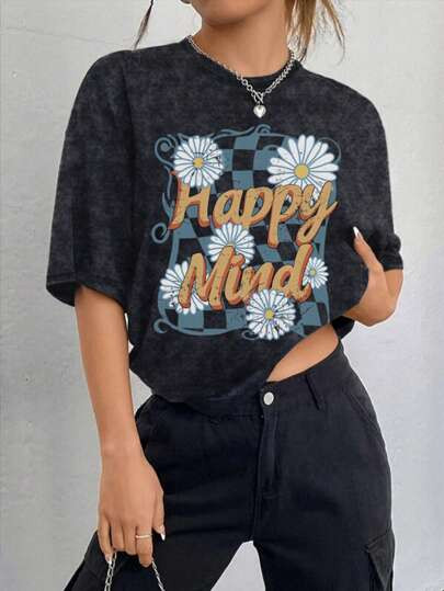 1pc Floral & Letter Graphic Tie Dye Tee | SHEIN