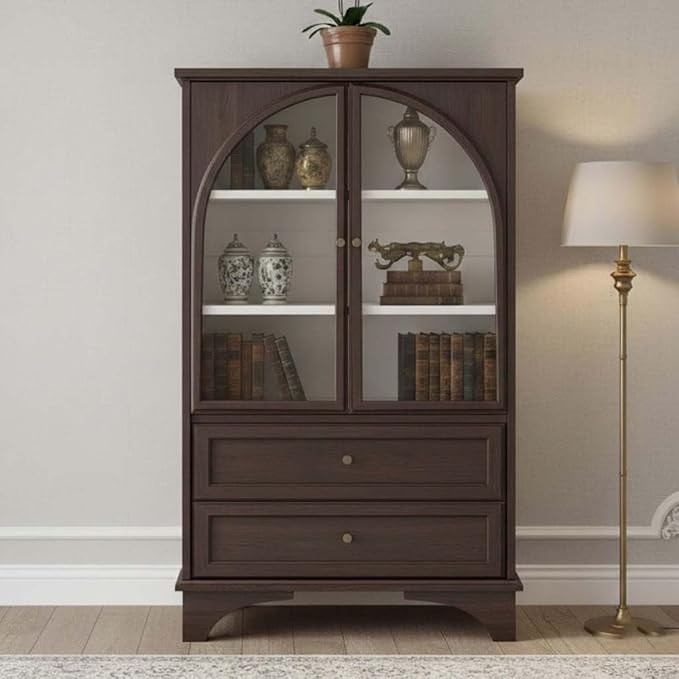 52" Tall Display Cabinet with Glass Doors, Glass Display Case Storage Cabinets with 2 Drawers and... | Amazon (US)