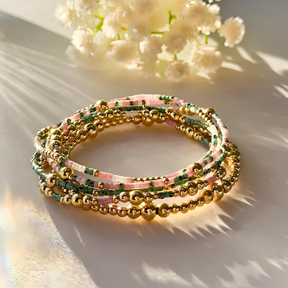5Pcs 14K Gold Plated Beaded Bracelets Stack Set for Women,Stretch Boho Colorful Beads Ball Jewelry Friendship Summer Trendy Christmas Day | Amazon (US)