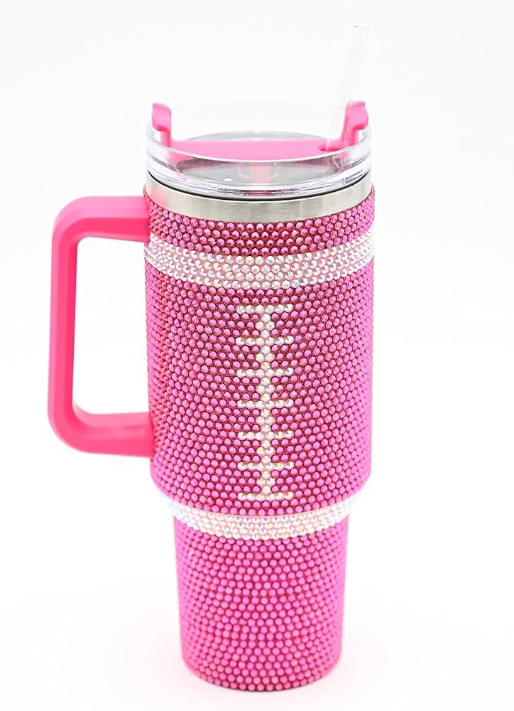 40 Oz Rhinestone Bling Tumbler with Handle and Straw (PINK FOOTBALL), Stainless Steel and Double ... | Amazon (US)