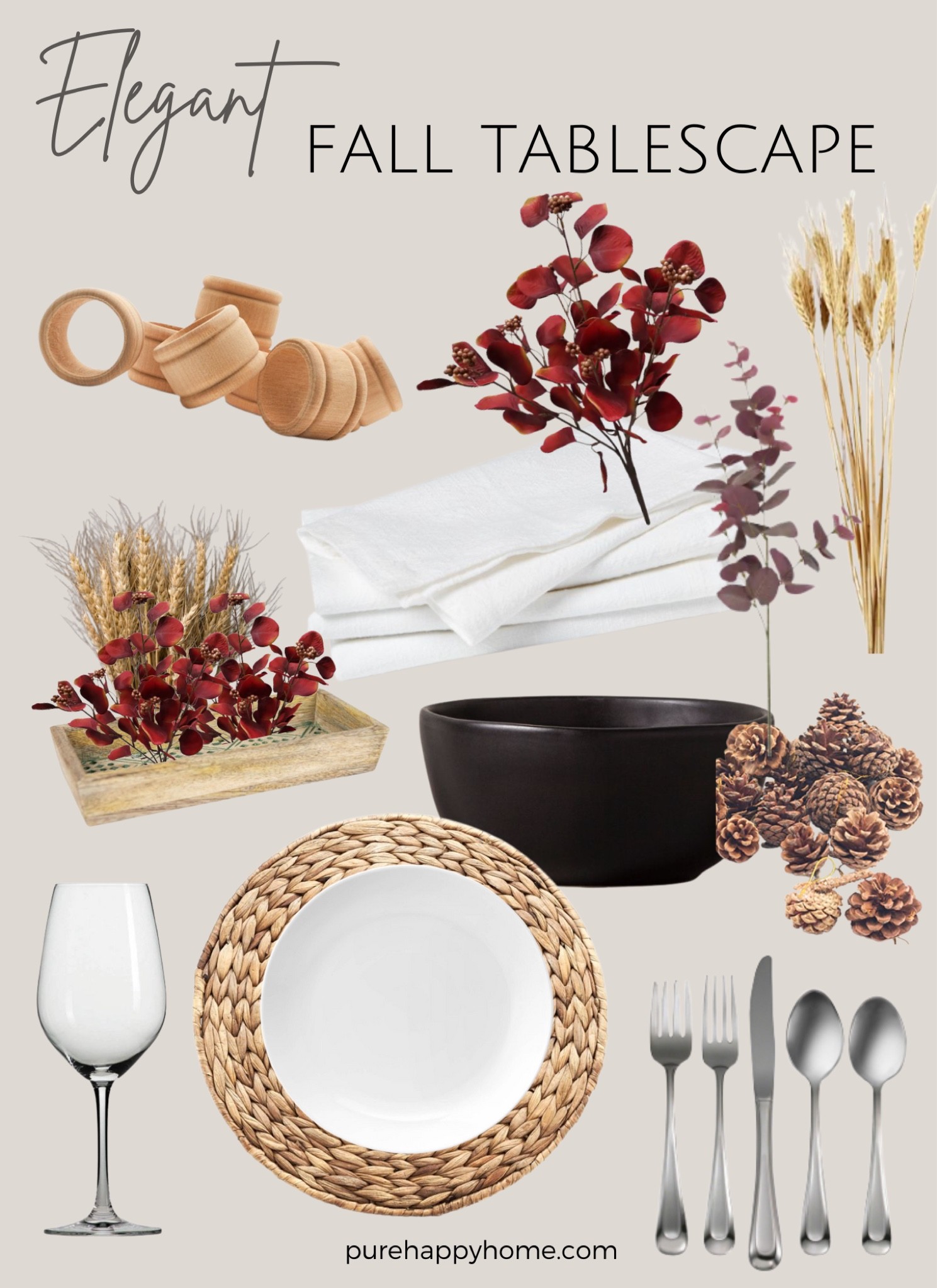 Everything Fall tablescape - Vintage wood napkin rings, White cotton napkins, Red eucalyptus, Wine glasses, Classic silverware, Black ceramic bowls, Rattan charger

#LTKhome #LTKSeasonal #LTKunder50