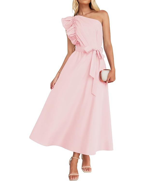 ZESICA Women's 2025 Summer One Shoulder Ruffle Dress Sleeveless Empire Waist Boho Flowy Maxi Dres... | Amazon (US)