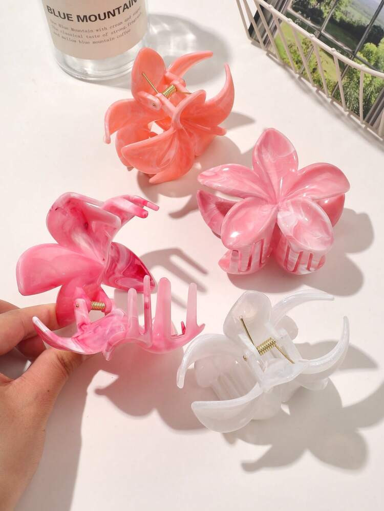 4pcs Bohemian Marble Pattern Flower Hair Claw Clips Set, Sweet Pink & White Floral Hair Accessories For Women, Summer Beach Vacation Hair Clips | SHEIN