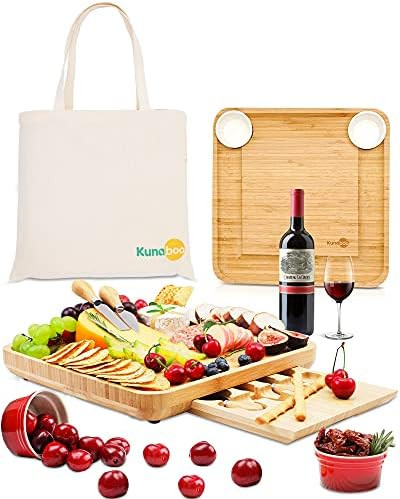 Kunaboo Bamboo charcuterie board set - sangria red ramekins - FSC certified - cheese board with knif | Amazon (US)