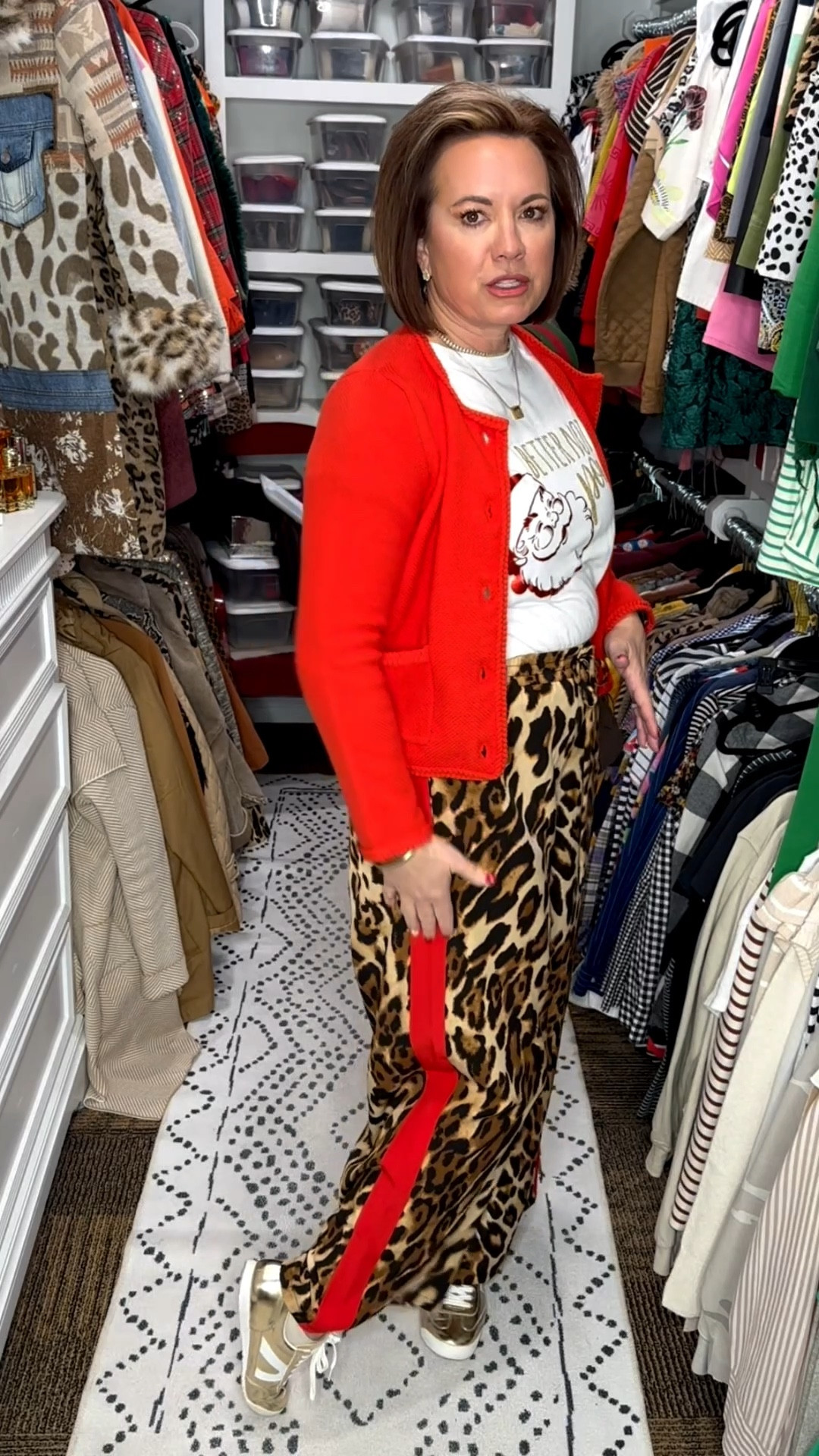 Fun festive vibes but make it comfy ✨🐆

Leopard pants, a bright cardigan, and metallic sneakers = an outfit that instantly boosts your mood. This is one of my favorite ways to do festive without feeling dressed up or uncomfortable.

Bold pieces + cozy layers will always be a yes for me.

💬 Are you team neutrals or team bold?

Fun, festive, and full of personality ✨
This is one of those outfits that proves leopard is basically a neutral. I paired statement leopard pants with a bright cardigan and metallic sneakers for a look that feels playful, comfortable, and still pulled together.

This is such a great outfit formula for the season — bold pants + cozy layer + hands-free crossbody. Perfect for errands, casual days, school events, or anytime you want something festive without feeling overdone.

Everything is linked here on LTK for easy shopping.

⸻



festive outfit
leopard print pants
leopard pants outfit
pattern mixing outfit
holiday casual outfit
festive everyday style
over 40 fashion
over 50 fashion
colorful winter outfit
fun fall outfit
teacher casual outfit
weekend outfit ideas
statement pants outfit
casual festive look
LTK outfit inspiration
everyday style women
comfortable chic outfit
bold outfit ideas

#FestiveStyle
#LeopardPrint
#PatternMixing
#Over40Style
#Over50Fashion
#BoldStyle
#EverydayOutfits
#CasualChic
#TeacherStyle
#FunOutfits
#LTKFinds
#LTKStyle

#LTKHoliday #LTKFindsUnder50 #LTKootd