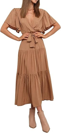 R.Vivimos Women's Fall Cotton Long Sleeves Irregular Polka Dot V Neck Casual Flowy Midi Dress | Amazon (US)