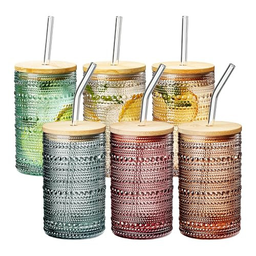 Vintage Art Deco Colorful Highball Beaded Glasses - Comes with 6X Glass Straws & Wooden Lid - Muted Embossed Cocktail, 6 Set - Gift-Ready Highballs - Unique Colored Glassware Home Bar & Kitchen Gift | Amazon (US)