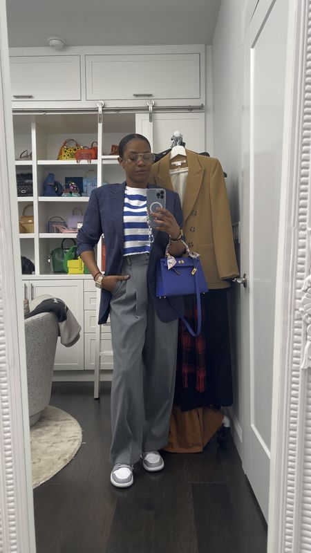 Business, but make it casual chic today’s outfit features, these amazing dress pants from COS, a pair of blue, white and gray Jordans, my beautiful Hermes Kelly, in the same blue, and an oversize blazer. I love tearing gray and blue, because the combination works. #falloutfit #casualfriday 

#LTKworkwear #LTKstyletip #LTKover40