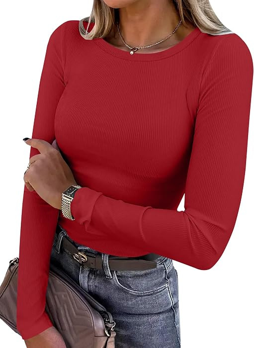 ANRABESS Women Long Sleeve Shirts Ribbed Fitted Tops | Amazon (US)