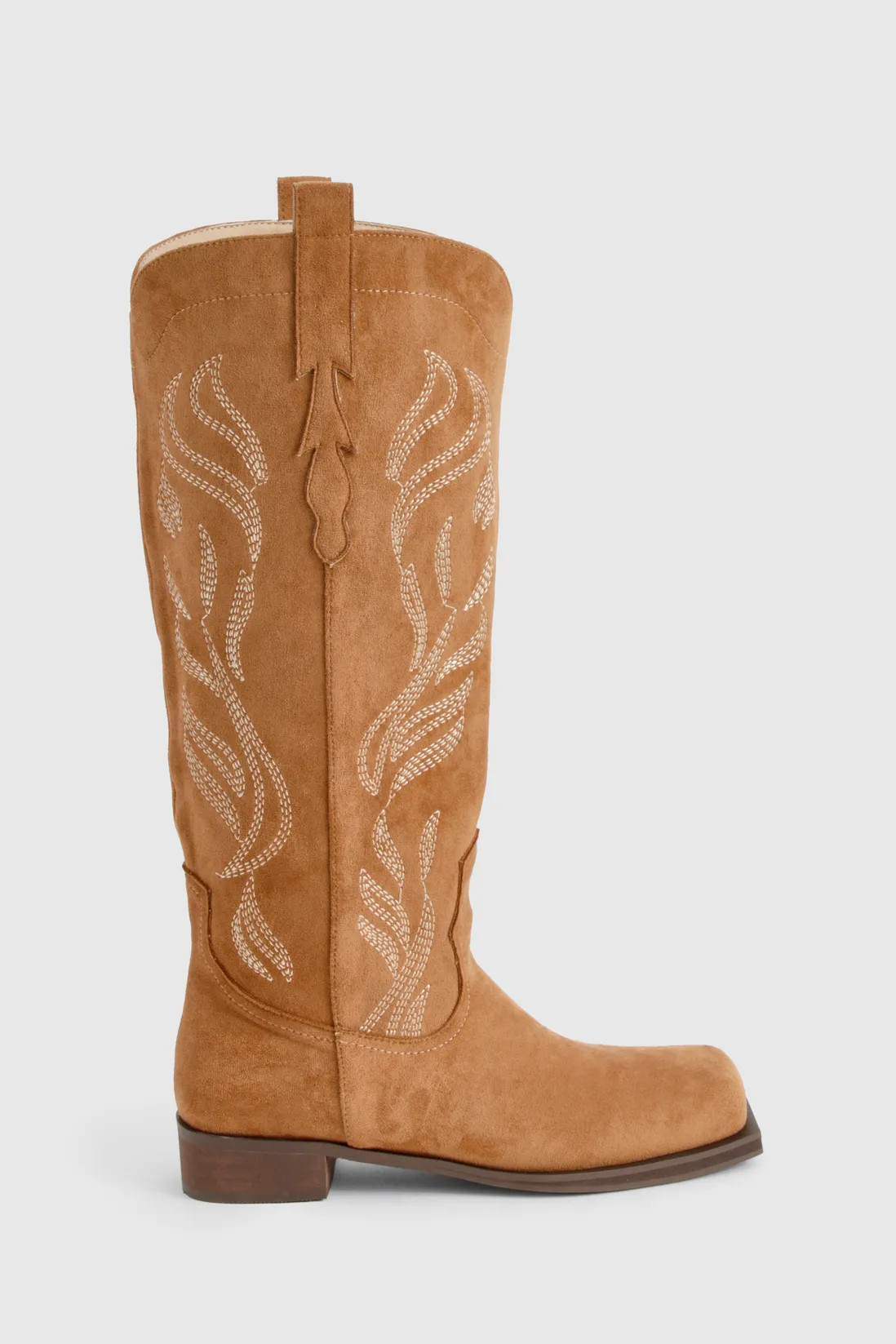 Faux Suede Embroidered Flat Western Boots | boohoo (US & Canada)