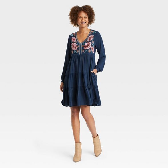 Women's Balloon Long Sleeve Embroidered Dress - Knox Rose™ Navy | Target