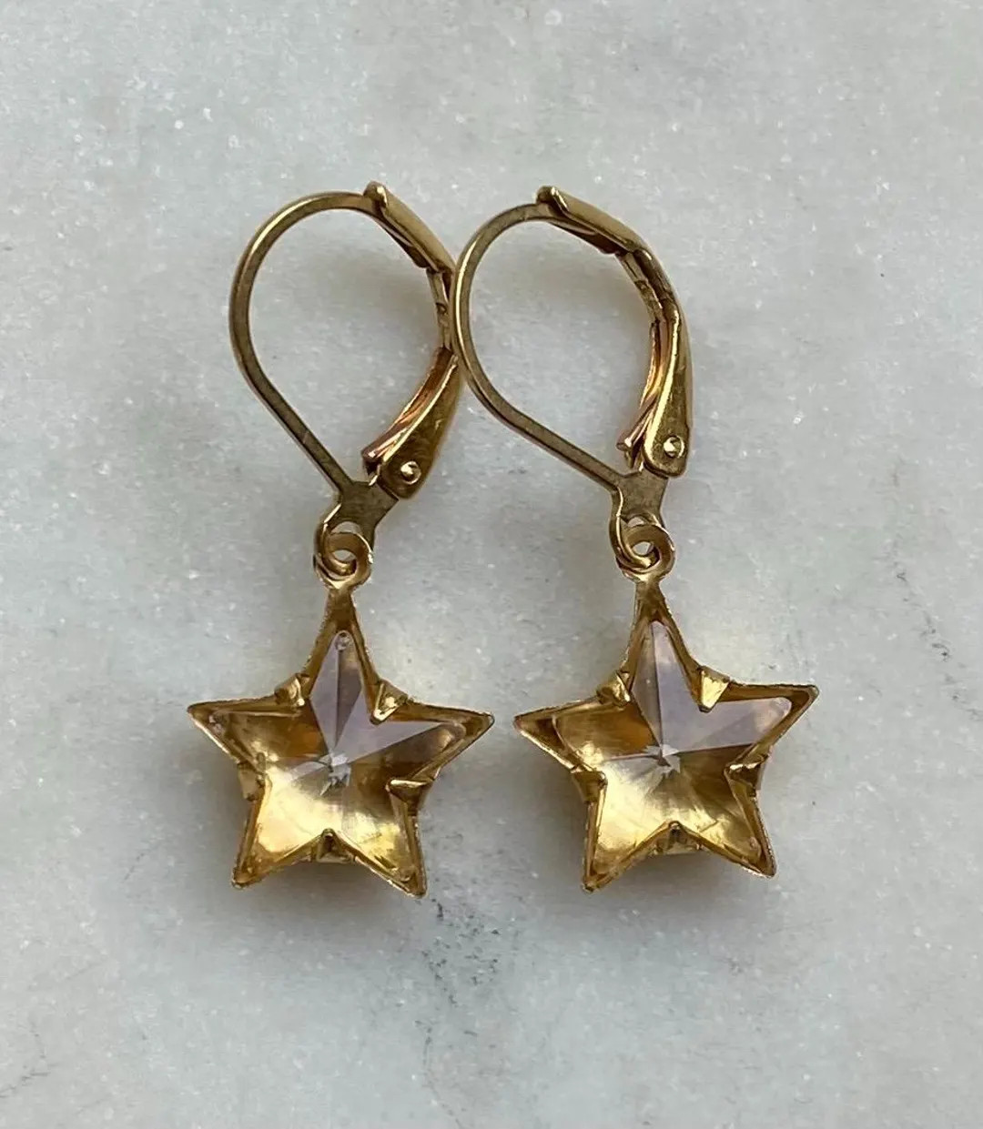Vintage Inspired 10mm Swarovski Clear Crystal Stars Rhinestone Brass Celestial Star Earrings. - E... | Etsy (US)