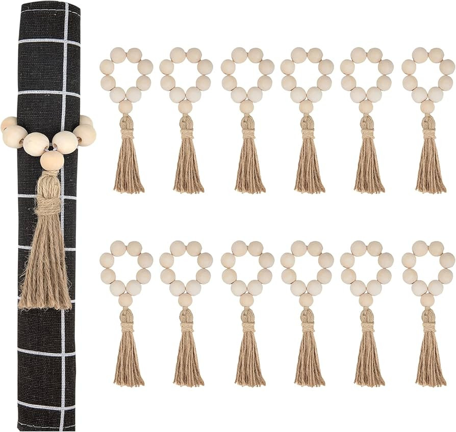 Wood Bead Napkin Rings Natural Wooden Beads Napkin Holders with Tassels Elastic Wooden Napkin Buc... | Amazon (US)