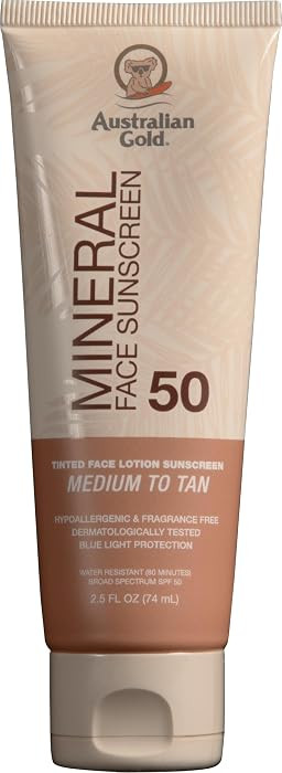 Australian Gold SPF 50 Tinted Mineral Face Sunscreen, Medium-Tan, 2.5 fl oz | Amazon (US)