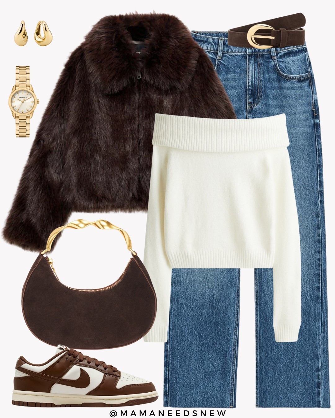 A fall outfit with a faux fur jacket, off shoulder sweater, jeans, suede bag, sneakers 

#LTKStyleTip #LTKSaleAlert #LTKItBag