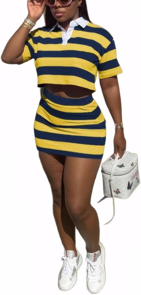 HBQ Women's Casual 2 Piece Skirt Sets Polo Collar Crop Top Striped Mini Dress Summer Vacation-Str... | Amazon (US)