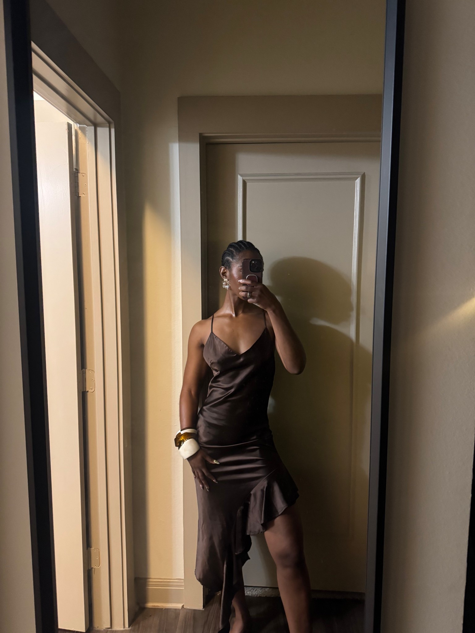 Very upset with myself for not getting a full body pic of my Friday look 😭 I got so many compliments on this satin dress with my new Karrica clutch. Perf look for a date night or out with the girly pops. 

Date night outfit satin dress ruffles affordable fashion dressy outfit brown satin dress girls night outfit Karrica purse black owned

#LTKTall #LTKootd