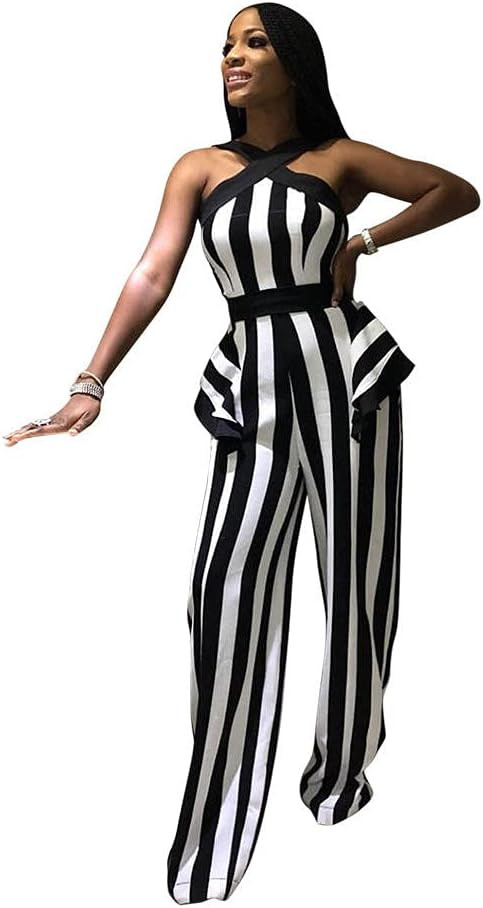 Black and White Strap Jumpsuit for Women Sexy Sleeveless Wide Leg Fashion Patchwork Ruffle Backle... | Amazon (UK)