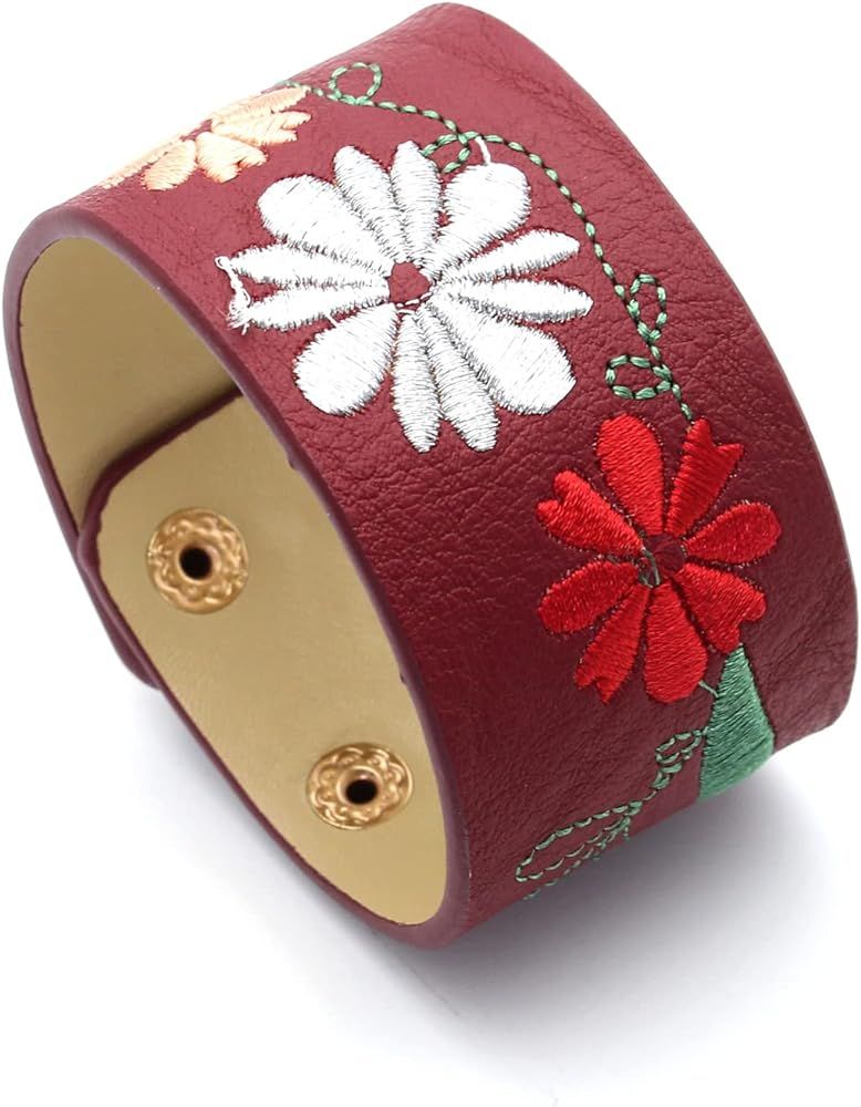PEAS Punk Jewelry Embroidered Flower Pattern Leather Cuff Bracelet | Amazon (US)