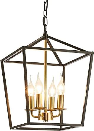 4-Light Black and Gold Farmhouse Chandelier, 12" Industrial Ceiling Light Lantern Chandelier with... | Amazon (US)