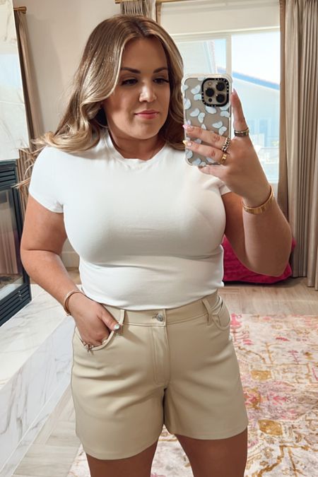 curvy spring denim shorts look! wearing size xl in fitted white cropped tee and size 32 in cream faux leather shorts 

#LTKSeasonal #LTKunder50 #LTKcurves
