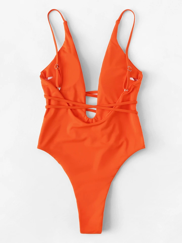 SHEIN Swim Chicsea Plunging Low Back Belted One Piece Swimsuit | SHEIN