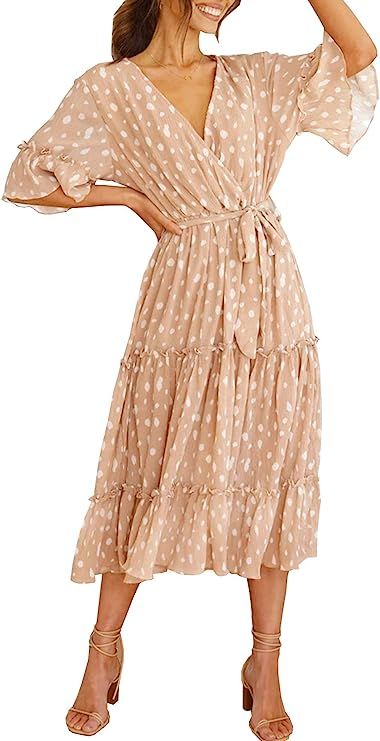 Miessial Women's Boho V Neck Floral Chiffon Dress Backless Beach Split Maxi Dress with Belt | Amazon (US)
