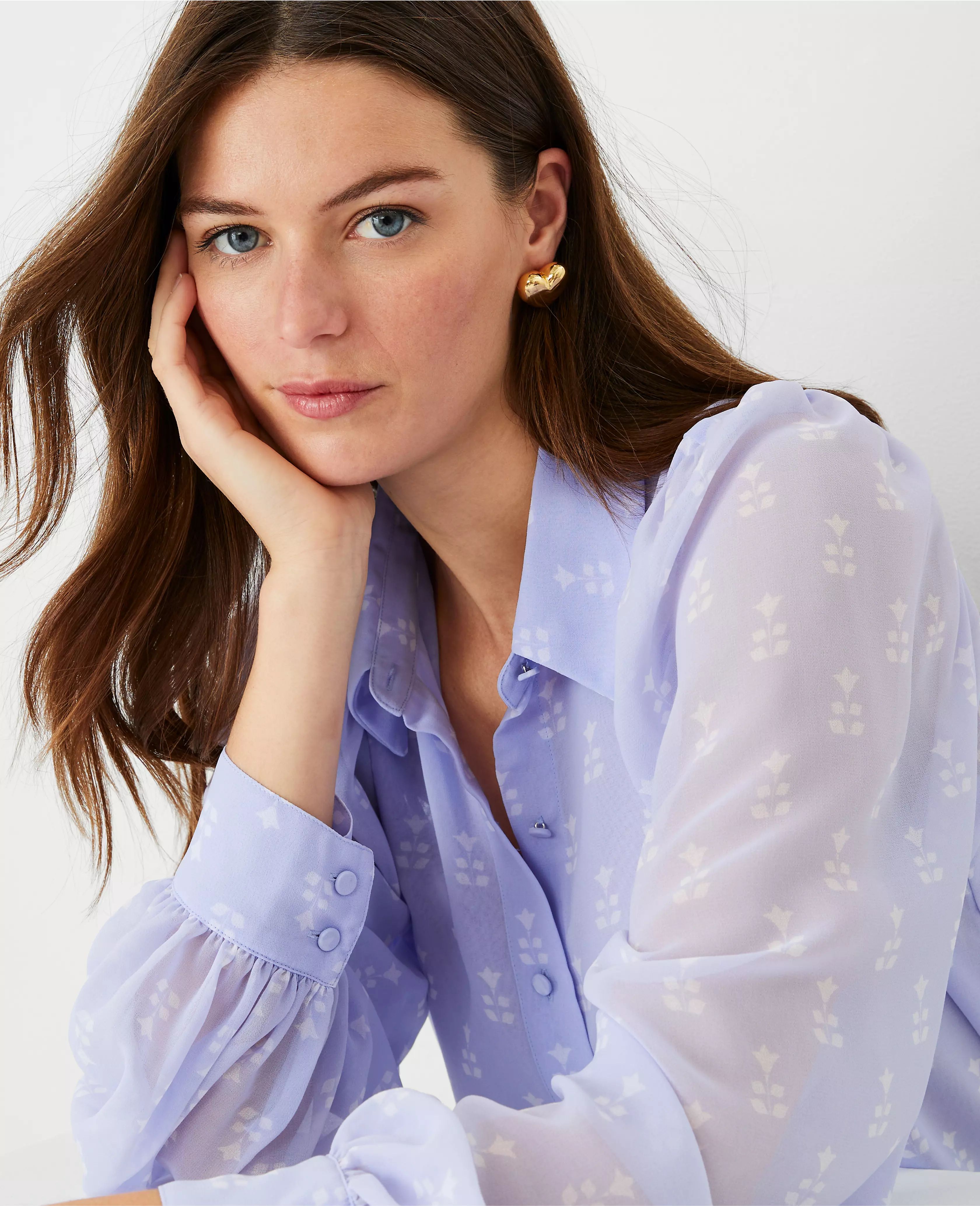 Floral Tile Collared Puff Sleeve Shirt | Ann Taylor (US)