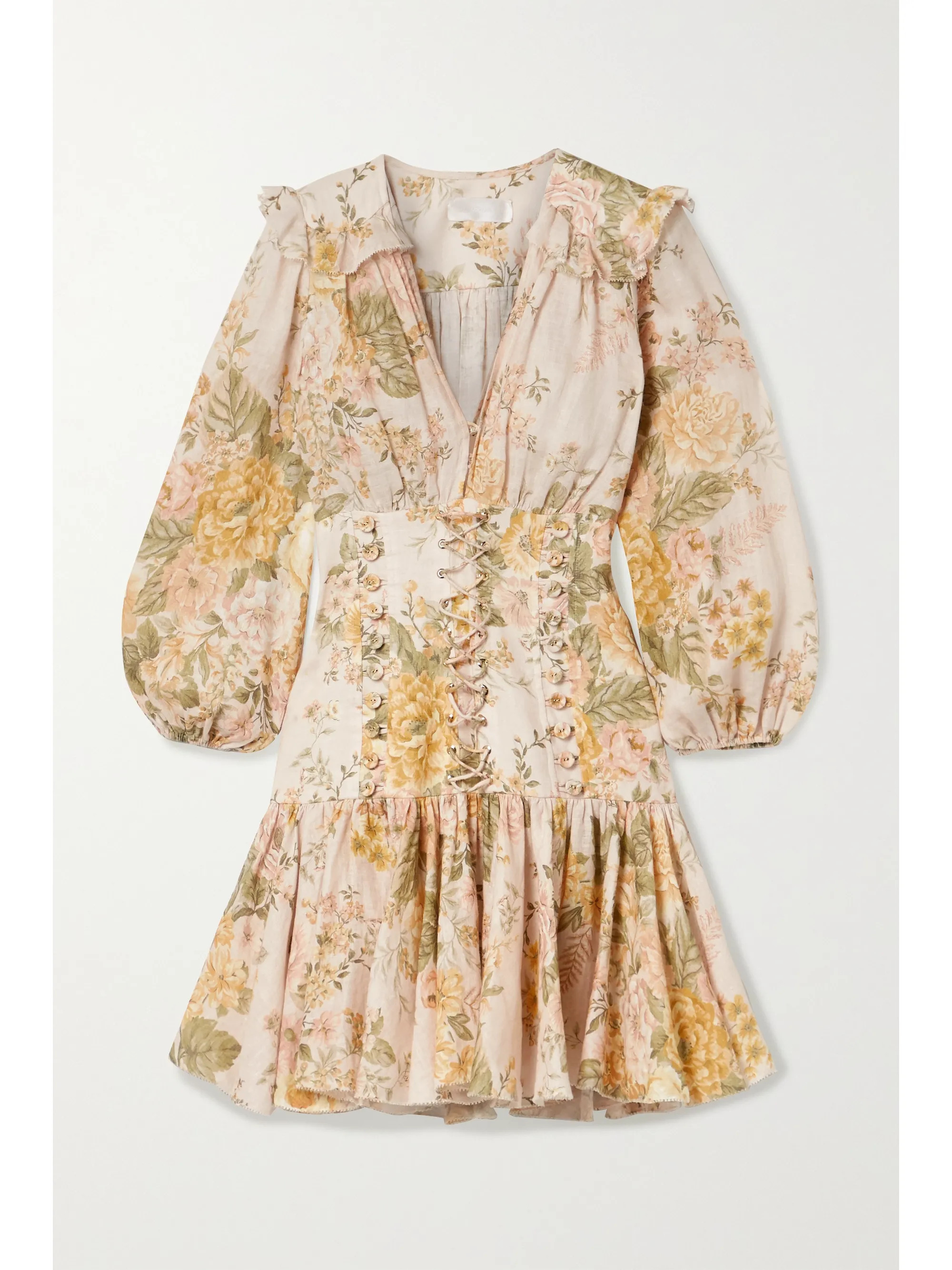 Amelie lace-up ruffled floral-print linen mini dress | NET-A-PORTER (UK & EU)
